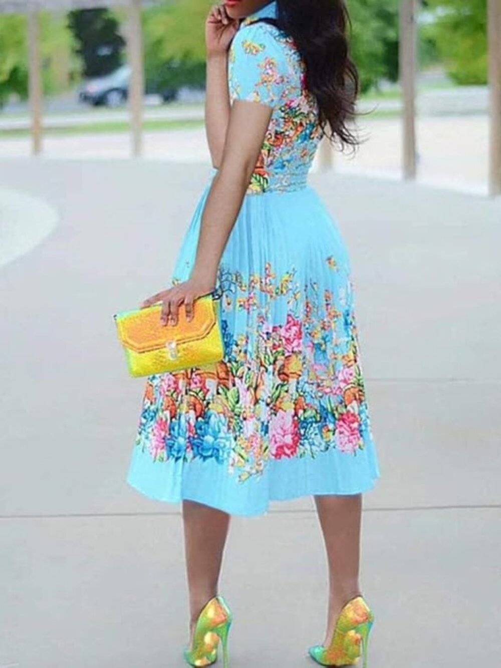 New - Lapel Three-Quarter Sleeve Knee Length Pleated Floral Women's Sheath